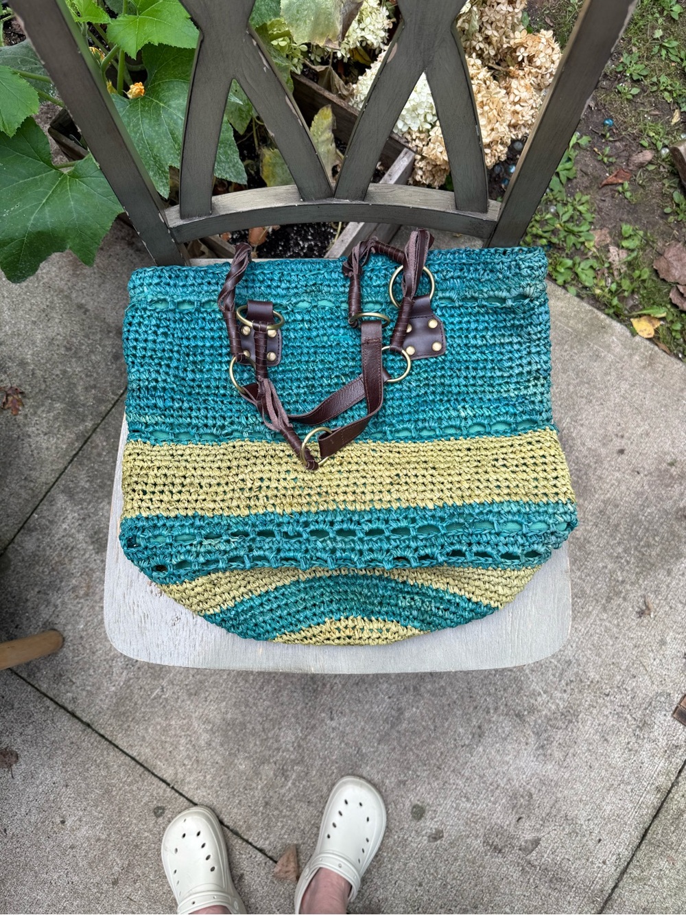 Flora Bella Woven Straw Tote Bag in Teal/Green with Brown Leather Handles
